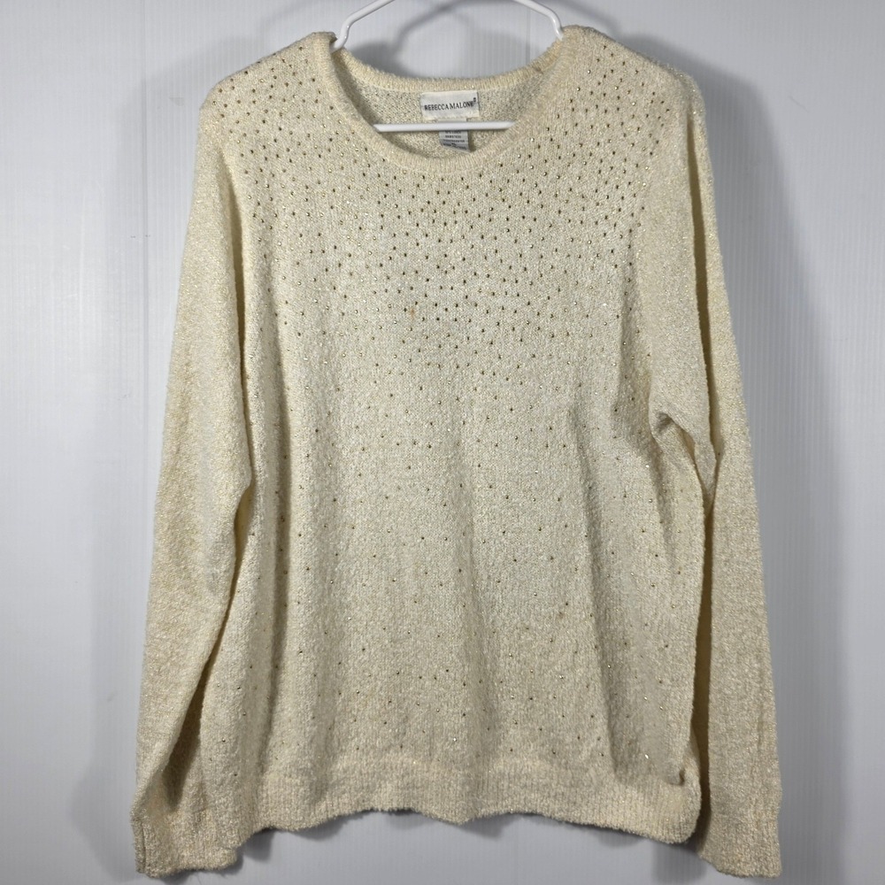 Rebecca Malone Womens XL Cream Gold Lurex Rhinestone Knit Sweater Pullover